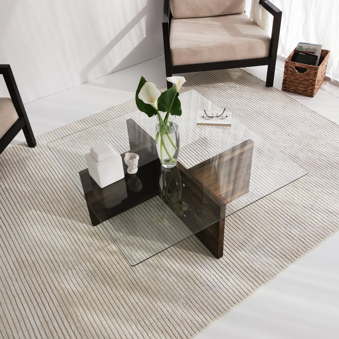 Hanah Home Glory Mesa de Centro de Cristal Templado y Madera en Nogal